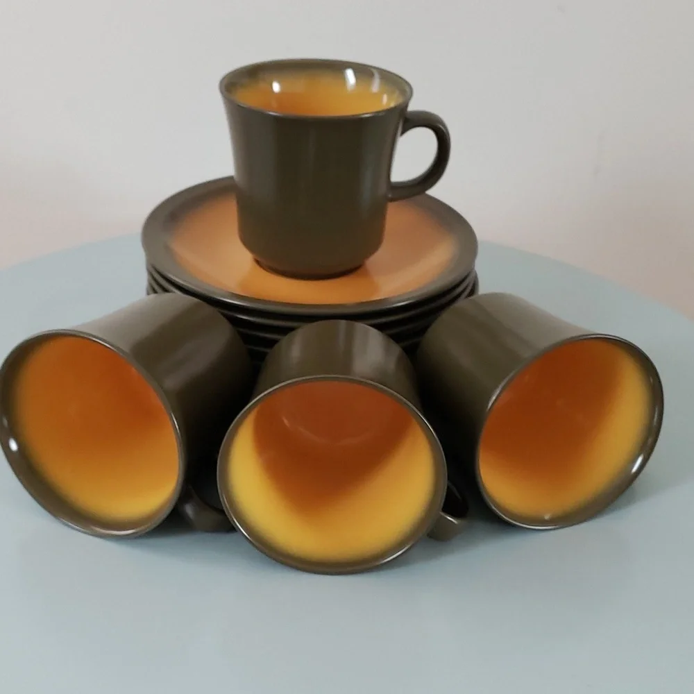 Premiere Nu Stone CANTELOPE 7606 Japan 70s Cups & Saucers Brown & Orange, VTG